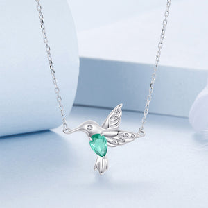 925 Sterling Silver Fashion Temperament Hummingbird Pendant with Green Cubic Zirconia and Necklace
