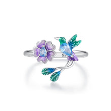 Load image into Gallery viewer, 925 Sterling Silver Fashion Temperament Enamel Flower Bird Adjustable Open Ring with Cubic Zirconia