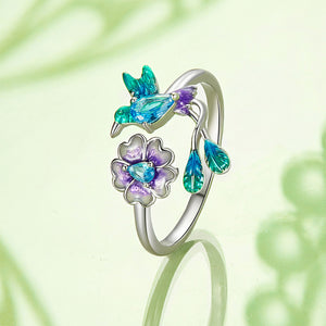 925 Sterling Silver Fashion Temperament Enamel Flower Bird Adjustable Open Ring with Cubic Zirconia