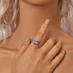 925 Sterling Silver Fashion Temperament Enamel Flower Bird Adjustable Open Ring with Cubic Zirconia