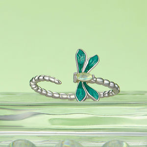 925 Sterling Silver Simple Fashion Enamel Dragonfly Adjustable Open Ring with Cubic Zirconia