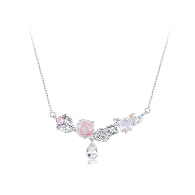 925 Sterling Silver Romantic Temperament Rose Butterfly Necklace with Cubic Zirconia