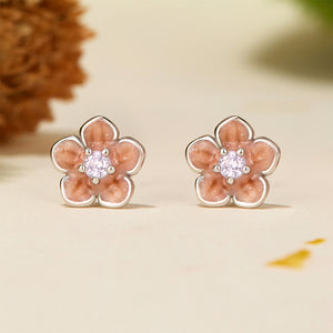 925 Sterling Silver Fashion Simple Enamel Cherry Blossom Stud Earrings with Cubic Zirconia