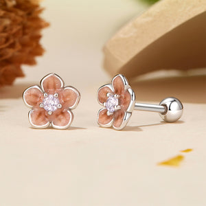 925 Sterling Silver Fashion Simple Enamel Cherry Blossom Stud Earrings with Cubic Zirconia