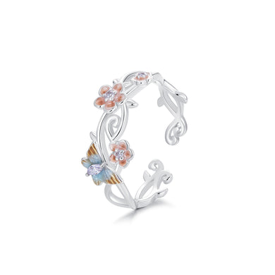 925 Sterling Silver Fashion and Elegant Enamel Sakura Butterfly Adjustable Open Ring with Cubic Zirconia