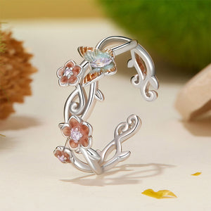925 Sterling Silver Fashion and Elegant Enamel Sakura Butterfly Adjustable Open Ring with Cubic Zirconia