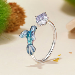 925 Sterling Silver Simple Cute Enamel Bird Adjustable Open Ring with Cubic Zirconia