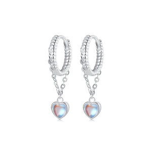 925 Sterling Silver Fashion and Creative Heart-shaped Moonstone Tassel Earrings