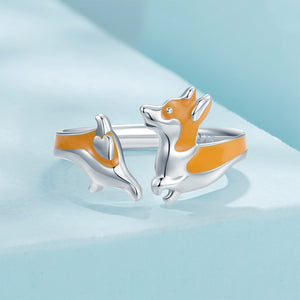 925 Sterling Silver Simple Cute Enamel Corgi Puppy Adjustable Open Ring