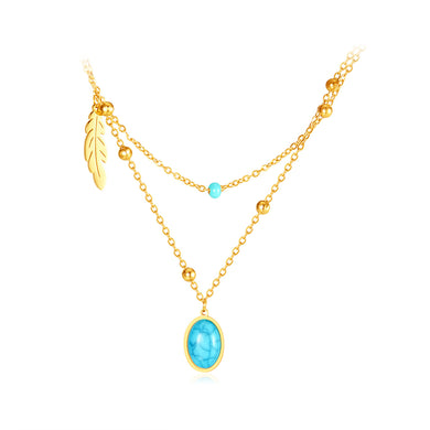 Fashion Temperament Plated Gold 316L Stainless Steel Leaf Geometric Oval Pendant with Double Layer Necklace