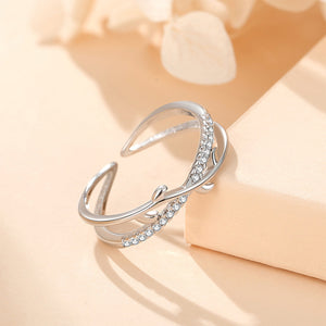 925 Sterling Silver Simple and Fashion Leaf Cross Geometric Adjustable Open Ring with Cubic Zirconia