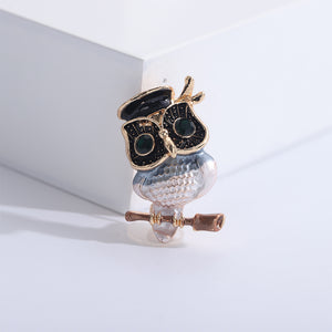 Vintage Personality Plated Gold Enamel Black Owl Brooch with Cubic Zirconia