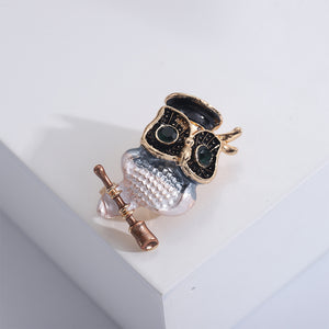 Vintage Personality Plated Gold Enamel Black Owl Brooch with Cubic Zirconia