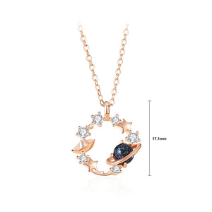 925 Sterling Silver Plated Rose Gold Fashion and Creative Planet Star Pendant with Cubic Zirconia and Necklace