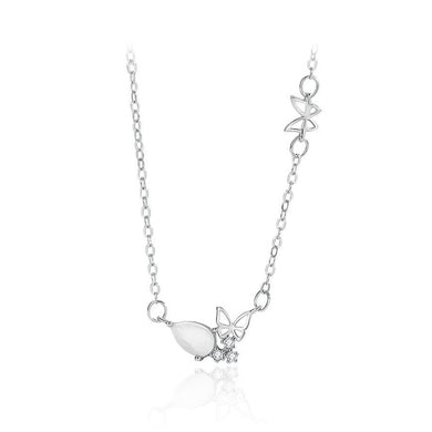 925 Sterling Silver Fashion Butterfly Water Drop-shaped Imitation Cats Eye Pendant with Cubic Zirconia and Necklace
