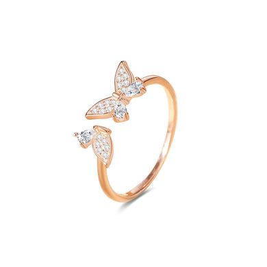 925 Sterling Silver Plated Rose Gold Simple and Cute Butterfly Adjustable Open Ring with Cubic Zirconia