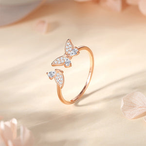 925 Sterling Silver Plated Rose Gold Simple and Cute Butterfly Adjustable Open Ring with Cubic Zirconia