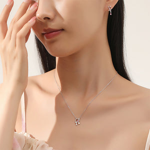 925 Sterling Silver Fashion Cute Ribbon Cat Pendant with Cubic Zirconia and Necklace
