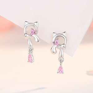 925 Sterling Silver Fashion Cute Ribbon Cat Tassel Earrings with Cubic Zirconia