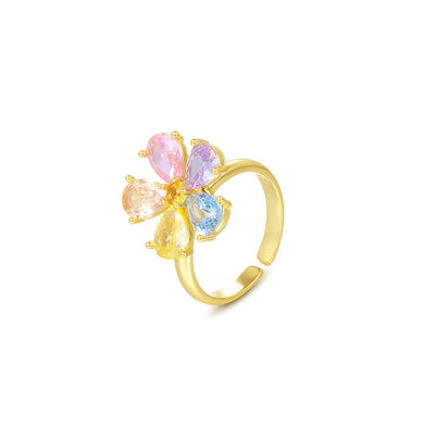 925 Sterling Silver Plated Gold Fashion Simple Flower Adjustable Open Ring with Cubic Zirconia