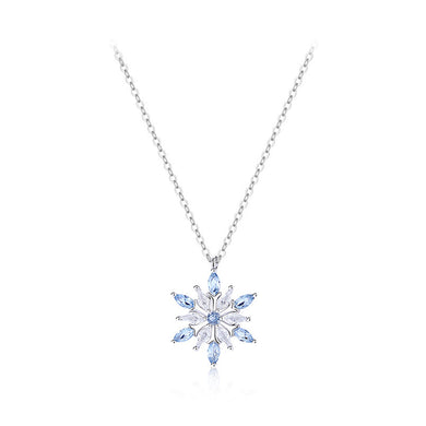 925 Sterling Silver Fashion Dazzling Snowflake Pendant with Blue Cubic Zirconia and Necklace