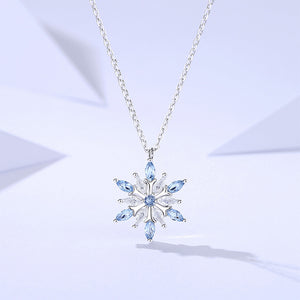 925 Sterling Silver Fashion Dazzling Snowflake Pendant with Blue Cubic Zirconia and Necklace