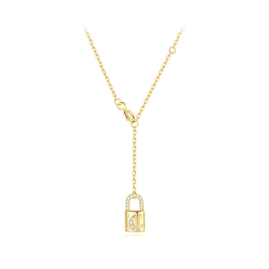 925 Sterling Silver Plated Gold Fashion Simple Lock Pendant with Cubic Zirconia and Necklace