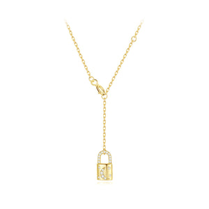 925 Sterling Silver Plated Gold Fashion Simple Lock Pendant with Cubic Zirconia and Necklace