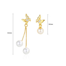 Load image into Gallery viewer, 925 Sterling Silver Plated Gold Fashion Elegant Butterfly Imitation Pearl Asymmetric Tassel Earrings with Cubic Zirconia
