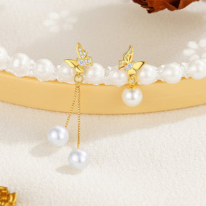 925 Sterling Silver Plated Gold Fashion Elegant Butterfly Imitation Pearl Asymmetric Tassel Earrings with Cubic Zirconia