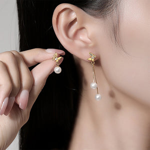 925 Sterling Silver Plated Gold Fashion Elegant Butterfly Imitation Pearl Asymmetric Tassel Earrings with Cubic Zirconia