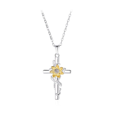 925 Sterling Silver Fashion Creative Golden Sunflower Cross Pendant with Cubic Zirconia and Necklace