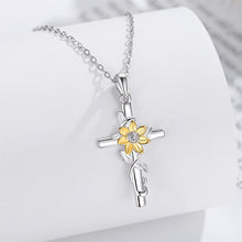 Load image into Gallery viewer, 925 Sterling Silver Fashion Creative Golden Sunflower Cross Pendant with Cubic Zirconia and Necklace