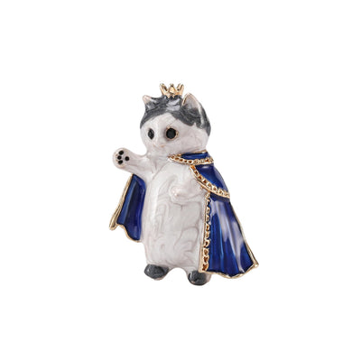 Fashion and Cute Plated Gold Enamel Blue Cape Crown Cat Brooch