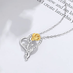 925 Sterling Silver Fashion and Romantic Golden Rose Heart-shaped Pendant with Cubic Zirconia and Necklace