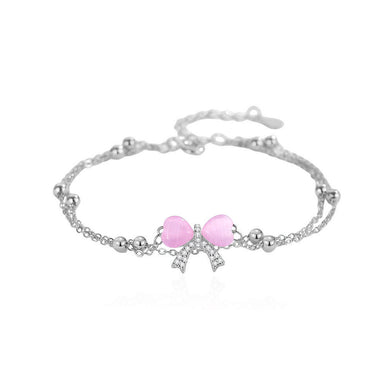 925 Sterling Silver Simple Sweet Ribbon Double Layer Bracelet with Imitation Cats Eye