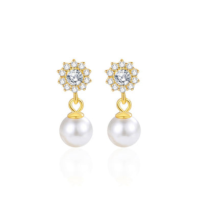 925 Sterling Silver Plated Gold Fashion Simple Sunflower Imitation Pearl Earrings with Cubic Zirconia