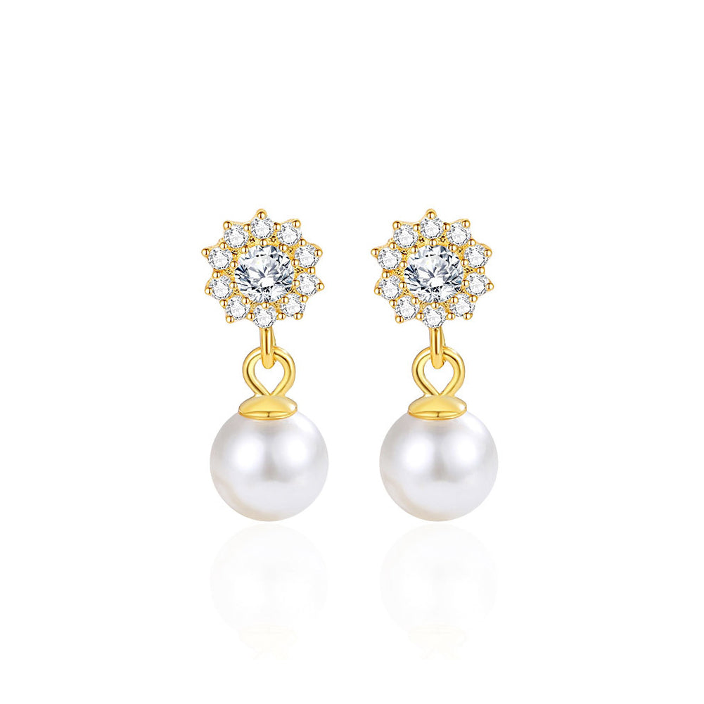 925 Sterling Silver Plated Gold Fashion Simple Sunflower Imitation Pearl Earrings with Cubic Zirconia