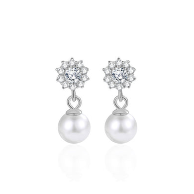 925 Sterling Silver Fashion Simple Sunflower Imitation Pearl Earrings with Cubic Zirconia