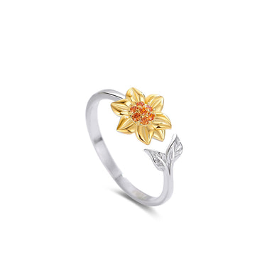 925 Sterling Silver Fashion Temperament Golden Sunflower Adjustable Open Ring with Cubic Zirconia