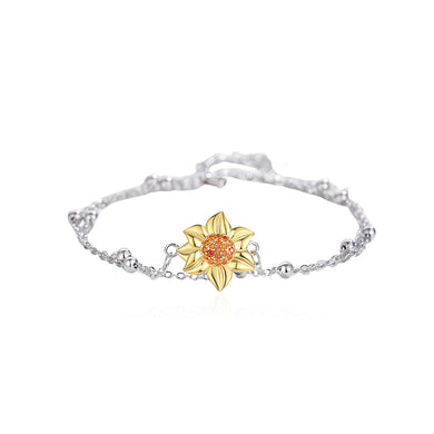 925 Sterling Silver Fashion Temperament Golden Sunflower Double Layer Bracelet with Cubic Zirconia