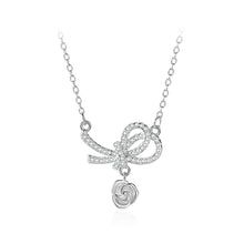 Load image into Gallery viewer, 925 Sterling Silver Fashion Romantic Ribbon Rose Pendant with Cubic Zirconia and Necklace