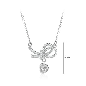 925 Sterling Silver Fashion Romantic Ribbon Rose Pendant with Cubic Zirconia and Necklace