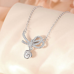 925 Sterling Silver Fashion Romantic Ribbon Rose Pendant with Cubic Zirconia and Necklace