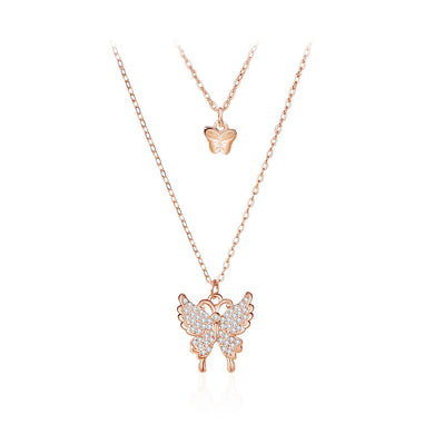 925 Sterling Silver Plated Rose Gold Fashion and Simple Butterfly Pendant with Cubic Zirconia and Double-layer Necklace
