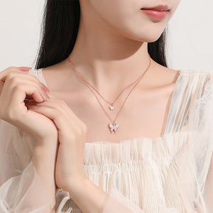 925 Sterling Silver Plated Rose Gold Fashion and Simple Butterfly Pendant with Cubic Zirconia and Double-layer Necklace
