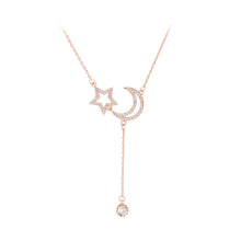 Load image into Gallery viewer, 925 Sterling Silver Plated Rose Gold Fashion Simple Moon Star Tassel Pendant with Cubic Zirconia and Necklace