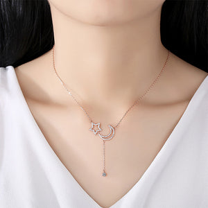 925 Sterling Silver Plated Rose Gold Fashion Simple Moon Star Tassel Pendant with Cubic Zirconia and Necklace