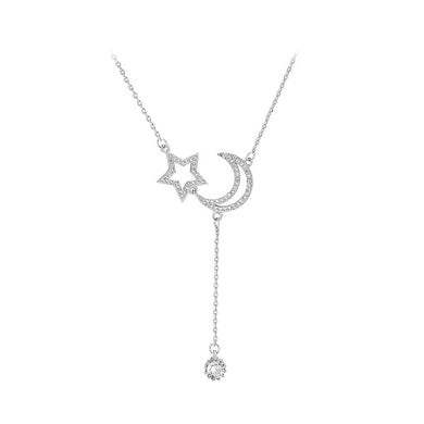 925 Sterling Silver Fashion Simple Moon Star Tassel Pendant with Cubic Zirconia and Necklace