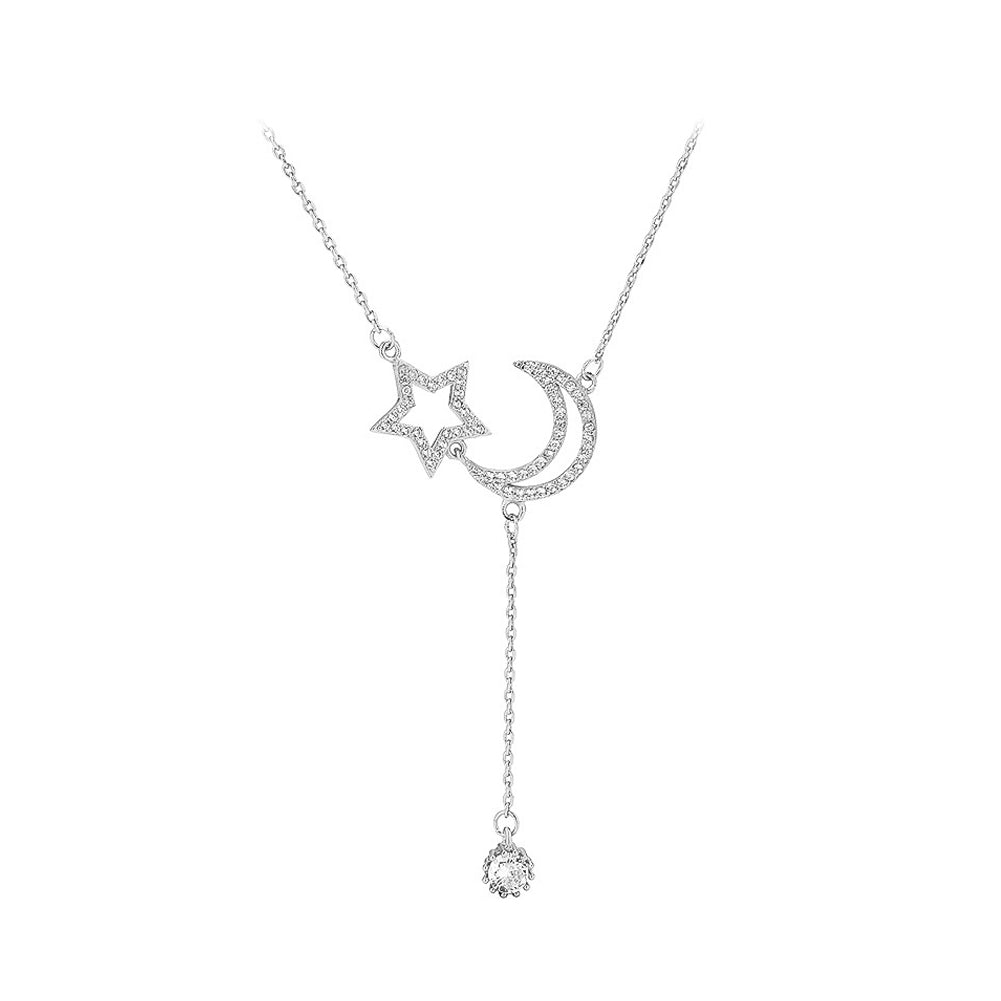 925 Sterling Silver Fashion Simple Moon Star Tassel Pendant with Cubic Zirconia and Necklace